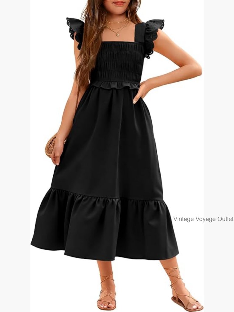Girls Square Neck Ruffle Sleeve Smocked Tiered Midi Sundress